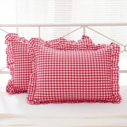 K MASANIJI Washed Cotton Check Ruffle Cushion Covers King Size Set of 2, Farmhouse Style Cushion Covers for Bed/Couch (20x36, Red/White Plaid)