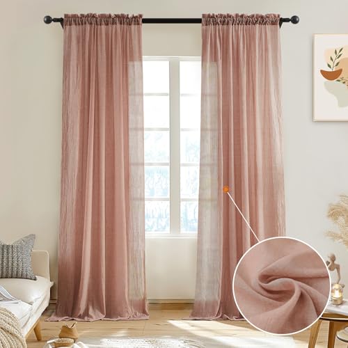 "Melodieux Blush Pink Cotton Sheer Curtains 84 Inches Long, Bedroom Living Room Natural Light Filtering Crepe Voile Drapes Rustic Crinkle Linen Sheer Curtains Rod Pocket, 52"" W x 84"" L, 2 Panels"