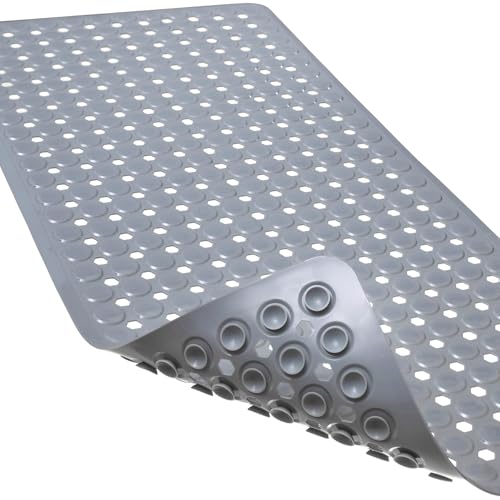 Linoows Non-Slip Bathtub and Shower Mats, Power Grip Bath Mat 35 x 16.3 Inch, Bath Mat with Suction Cups and Drain Holes for Tub Bathroom Safety, Machine Washable Soft Shower Floor Mat, Gray