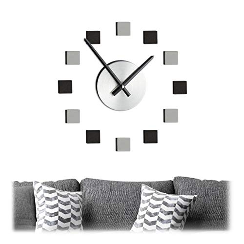 Relaxdays DIY Wall Clock, Adhesive Square Stickers, Size Variable, Modern 3D Look, max. Ø 110 cm, Silver/Grey/Black, Foam