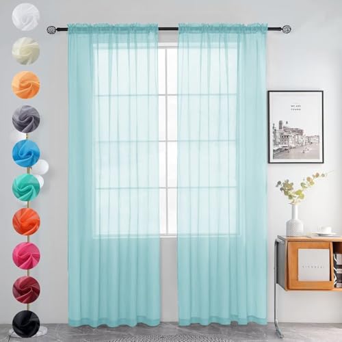 youleyar Solid Sheer Rod Pocket Curtain Voile Draperies 2 Panels White Beige Black Grey Ivory 52 Inch Width 63 Inch Long 1 Pair for Kitchen Bedroom Children Living Room Yard (Sky Blue,52W???63L)