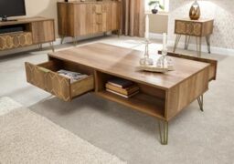 GFW Orleans Mango Effect Coffee Table, 2 Drawer Storage Coffee Table with Open Shelves, Hairpin Legs and Retro Living Room Design