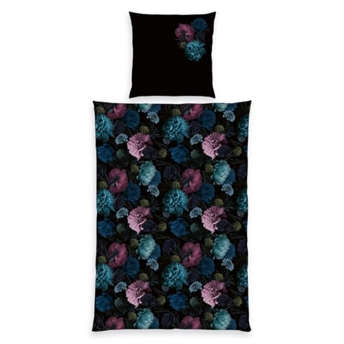Herding Home Edition Satin Bed Linen Flowers, Pillowcase Approx. 80 x 80 cm, Duvet Cover Approx. 135 x 200 cm, with Branded Zip, 100% Cotton/Satin