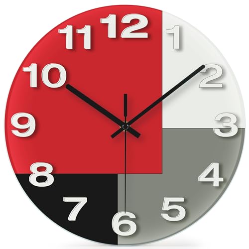 "WISKALON Abstract Geometric Glass 12"" Wall Clock in White, Grey, Red and Black - Battery Operated, Silent Non Ticking Quartz Clock for Home, Kitchen, Living Room, Bathroom, Bedroom, or Office Decor"