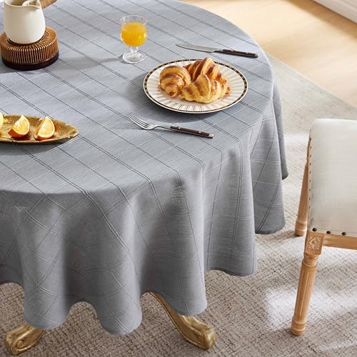 ZeeMart Linen Checked Round Table Cloth 52 Inch Blue Ashes - 3D Woven Grid Jacquard, Soft Natural Draping, Wrinkle???Resistant, Fray???Proof Hem, Multi???Occasion Decor Farmhouse Tablecloth
