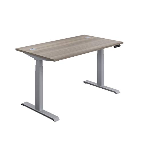 Office Hippo Sit Stand Desk with Electric Twin Motor and Built-in Memory, Engineered Wood, Grey Oak with Silver Frame, 160 x 80 x 65 to 131 cm