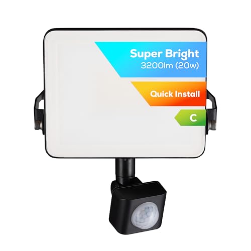 TCP 20W LED Security Floodlight w PIR Sensor, Outdoor, Bright 3200lm, Cool White 4000K, IP44 Waterproof, Easy Install Long Adjustable Bracket, Easy Push Connector, Enery Class C, No Plug Garage Garden
