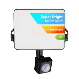 TCP 20W LED Security Floodlight w PIR Sensor, Outdoor, Bright 3200lm, Cool White 4000K, IP44 Waterproof, Easy Install Long Adjustable Bracket, Easy Push Connector, Enery Class C, No Plug Garage Garden