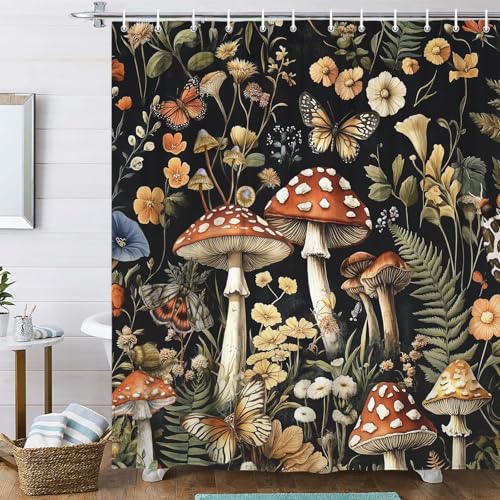 Uokiuki Vintage Mushroom Shower Curtain - Dark Retro Boho Rustic Botanical Black Floral Witchy Plant for Bathroom, Fairy Butterfly Fabric Farmhouse With Hooks, 70X70IN