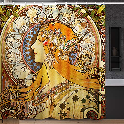 INVIN ART Bathroom Shower Curtain Set with Hooks, Zodiac by Alphonse Mucha,Home Art Paintings Pictures for Bathroom