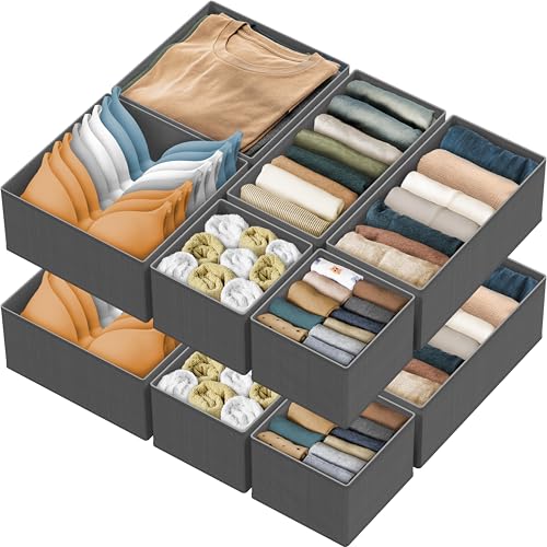 Simple Houseware Foldable Cloth Storage Box Closet Dresser Drawer Divider Organizer Basket Bins for Underwear Bras, Dark Grey, (Set of 12)