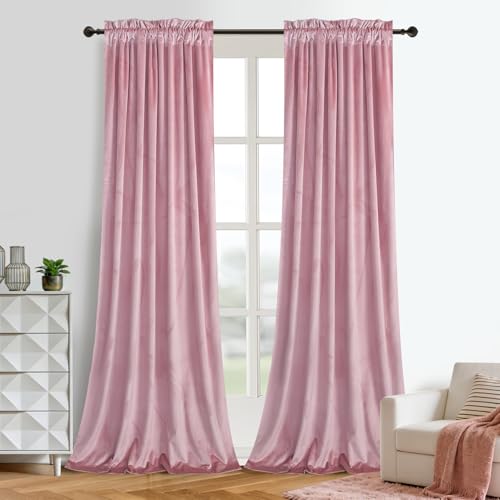 Roslynwood Velvet Curtain Panels Pink Blush Window Luxury Drapes for Bedroom Thermal Insulated Rod Pocket Curtain for Living Room (2 Panels, 52 by 84 Inch)