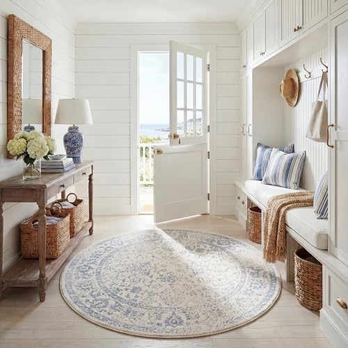 SAFAVIEH Distressed Rug for Living Room, Dining Room, Bedroom - Adirondack Collection, Short Pile, in Ivory and Slate, 70 X 122 cm