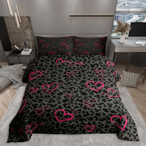 Erosebridal Grey Black Leopard Queen Comforter Set for Kids Teens Adults,Pink Love Hearts Bedding Set,African Cheetah Print Duvet Insert,Farmhouse Rustic Bed Set for All Season