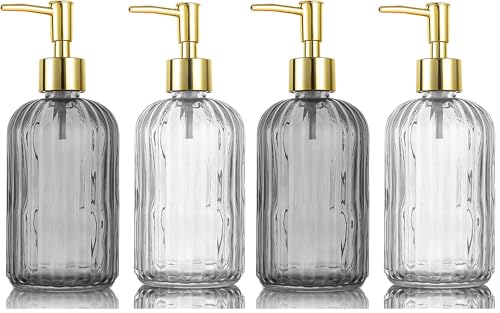 HOHAOO Versatile Glass Soap Dispenser Bottle with Pump, 14 Oz Dripless Pump Bottle, Refillable Liquid Hand Jar Dispenser for Bathroom, Countertop, Kitchen, Laundry Room(2 Pack Grey, 2 Pack Clear)