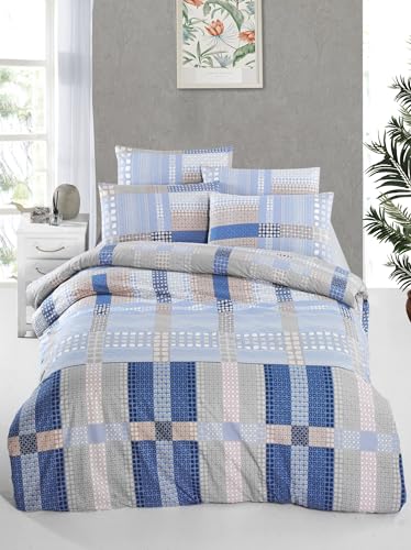 Nuit Des Rêves Ranforce Single Quilt Cover Set, 135 x 200 cm, 100% Cotton, Blue & Beige, Machine Washable, 145 Thread Count, Button Closure, Stylish & Comfortable Bedding
