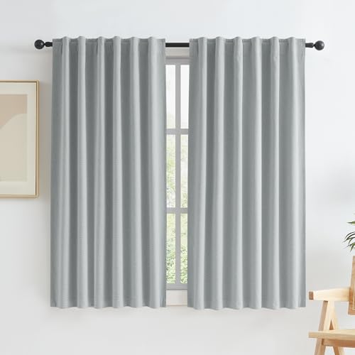 KEQIAOSUOCAI Linen Blackout Curtains Back Tab Rod Pocket Hook Belt Short Curtain Panels for Small Window Cafe Kitchen Curtains 45 Inch Length, 2 Panels, Light Grey, W50 x L45