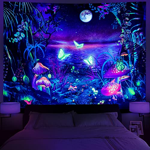 Serborlur Blacklight Fantasy Forest Moon Tapestry UV Reactive Butterfly Galaxy Space Wall Hanging for Bedroom Living Room (59.1 × 78.7 inches)