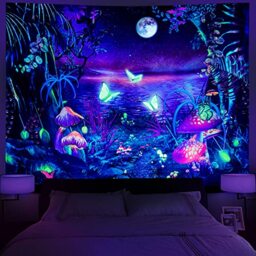 Serborlur Blacklight Fantasy Forest Moon Tapestry UV Reactive Butterfly Galaxy Space Wall Hanging for Bedroom Living Room (59.1 × 78.7 inches)