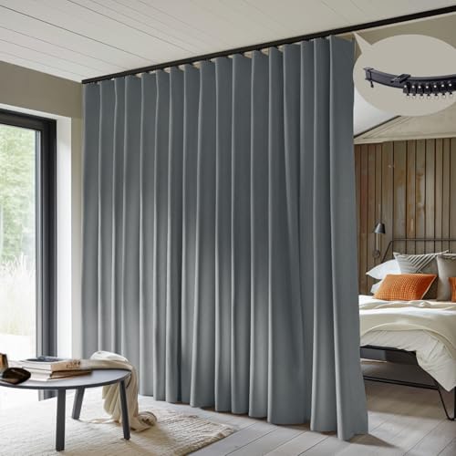 MaKefeile Room Divider Curtains with Flexible Ceiling Curtain Tracks Set,100% Blackout Floor to Ceiling Curtains Patio Sliding Door Curtains (Dark Grey Drape & Black Rail W 15 ?? H 8 FT)