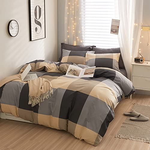 EAVD King Size Comforter Set Plaid Geometric Comforter Set Fluffy Soft Microfiber Reversible Checkered Plaid Bedding Set with 2 Pillowcases Modern Geometric Bedding Set for All-Season