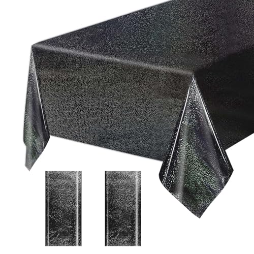 "FALIZIFU 2 pcs Black Holographic Tablecloths Shiny Disco Table Cloths 54"" x 108"" Iridescence Plastic Black Table Cover for Birthday Party Decoration Wedding"