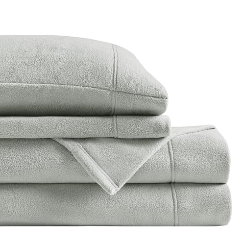 "SLEEP PHILOSOPHY True North Micro Fleece Bed Sheet Set, Warm, Sheets with 14"" Deep Pocket, for Cold Season Cozy Sheet-Set, Matching Pillow Case, Twin XL, Grey, 3 Piece"