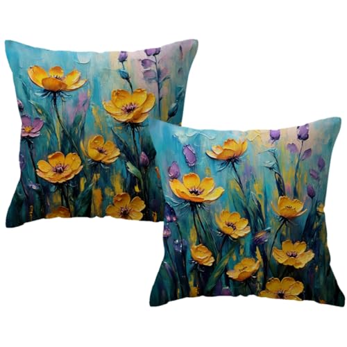 ULOVE LOVE YOURSELF 2Pack Flowers Decorative Pillow Covers Modern Pink Poppy Design Cushion Covers Oil Painting Pretty Floral Pillowcases 18 x 18 Inch Farmhouse Spring Summer Decorations (Yellow)