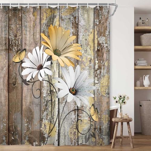 JAWO Farmhouse Flower Floral Shower Curtain, Rustic Yellow Daisy Shower Curtain Set, Country Yellow Wild Garden Plant Fabric Shower Curtain with Hooks, Brown Wooden Board Bathroom Curtain, 69x70inch