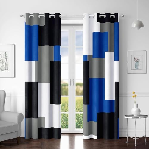 Tyrot Royal Blue 100% Blackout Curtains for Bedroom 84 inch Long 2 Panels Set Modern Abstract Geometric Black Out Curtains Blue Gray Insulated Room Darkening Window Drapes for Living Room, 52Wx84L