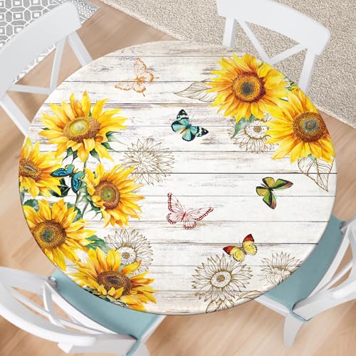 "Kamoor Sunflower Round Fitted Tablecloth with Elastic Edge Wood Texture Floral Outdoor Tablecloth Waterproof Table Cover for Picnic Dinner Party Decor Fits 48-52"" Diameter Round Tables"