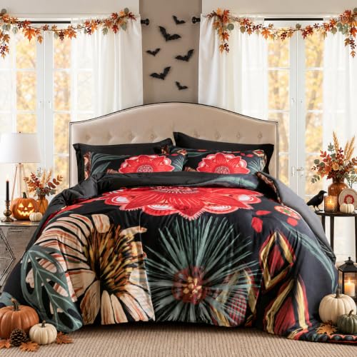 Tyrot Black Red Boho Floral King Comforter Set - 3 Piece Farmhouse Botanical Bedding Comforter Sets for All Season Soft Lightweight Mid Century Bed Set, (1 Reversible Comforter and 2 Pillow Shams