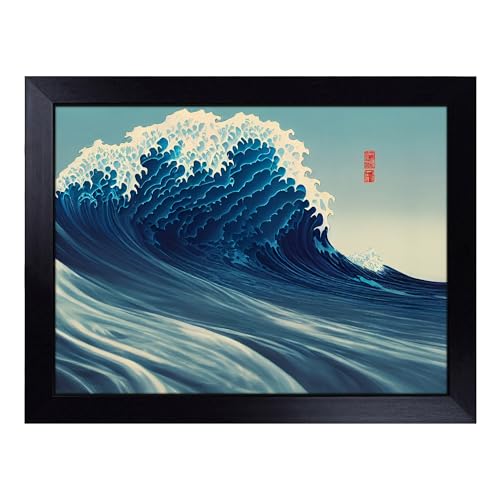Lap Tray with Bean Bag Cushion, Suave Japanese Wave - Handmade in the UK, Raised Wooden Edge, Padded Cushion, Heat-Resistant Wipe-Clean Surface, for Meals, Laptops and Crafts
