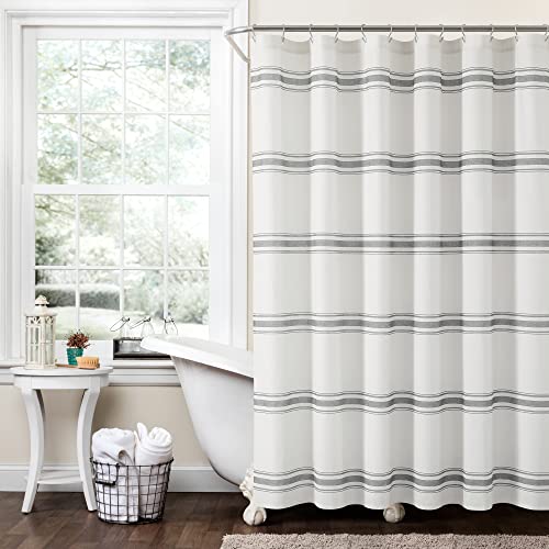 "Lush Decor Farmhouse Stripe Cotton Shower Curtain, 72"" W x 72"" L, Dark Gray - Classic Modern Rustic Charm Bathroom Decor"