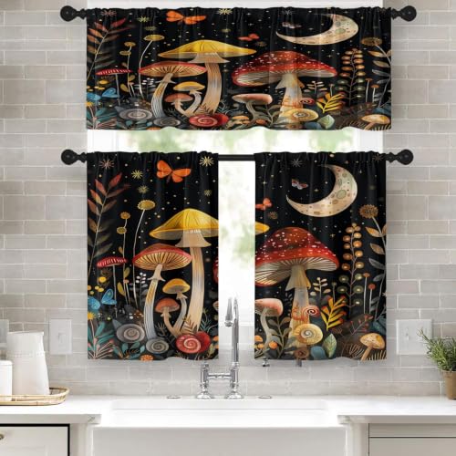 Tayney Mushroom Kitchen Window Curtains Valance and Tier Set 36 Inch, Aesthetic Starry Night Moon Rod Pocket Short Tier Curtain for Bathroom, Black Small Cafe Drapes for Kitchen Decor