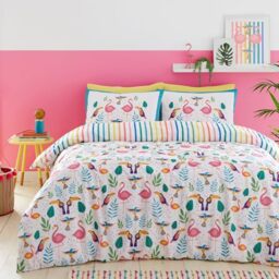 Fusion - Tropical Flamingo Duvet Cover - Double Size (200 x 200cm) - Reversible Design (Rainbow Stripes) - Tropical Birds (Toucan) - Bright Colours, Pink