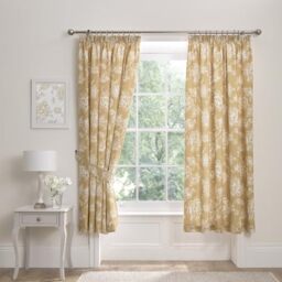 "Dreams & Drapes - Ochre Floral Pencil Pleat Curtains W66 x L72"" (168 x 183cm) - White Botanical Flowers for Bedroom and Living Room - Vintage Yellow Pleated Drapes"