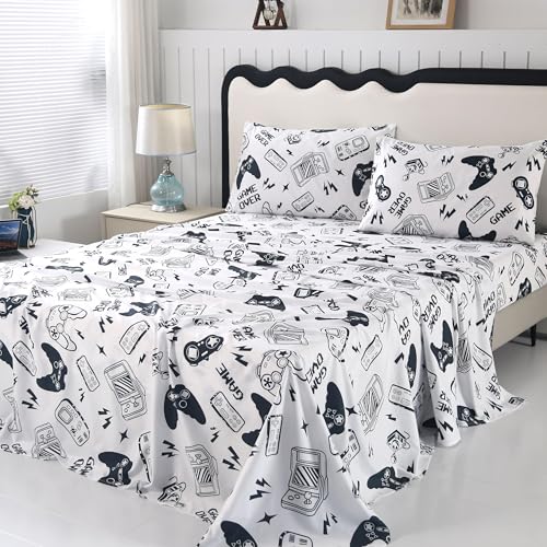 SDIII 4PCS White Gamer Twin Sheets Set, Soft and Breathable Microfiber Gaming Sheets Twin, Video Game Bed Sheet for Boys Girls Teens and Kids