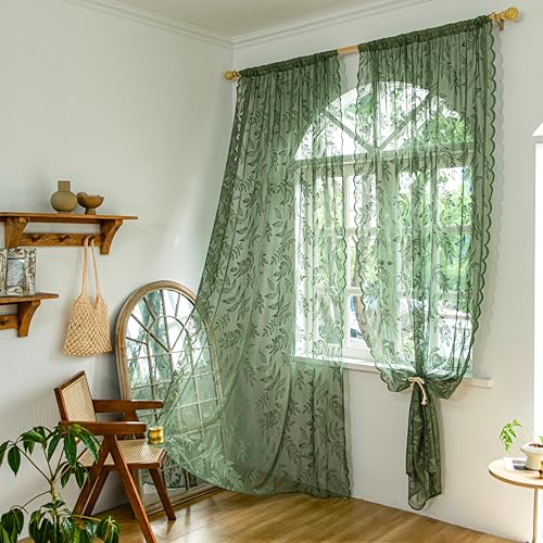 "Sutuo Home Olive Green Lace Curtains 84 Inches Long for Bedroom Living Room, Leaf Embroidery Window Sheer Drapes Pair, Rod Pocket Vintage Country Window Treatments Set of 2 Panels, 57"" W x 84"" L"