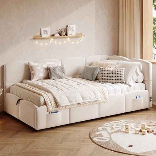 Ball & Cast Single Bed frame, 3ft Single Upholstered Ottoman Bed, Corner Bed Frame, Girls Daybed Sofabed, with USB Charging & Side Pocket, Sturdy Wooden Slat Support, Boucle, Beige, 90 x 190 cm