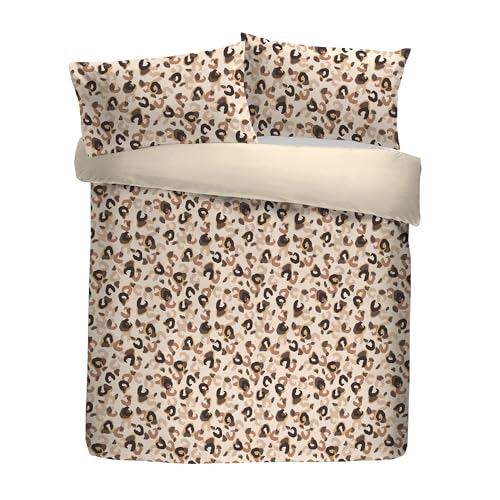 Fusion Snug - Cosy Leopard - Sherpa Reverse Duvet Cover Set - Double Bed Size in Natural