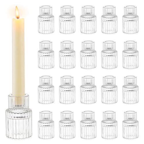 Romadedi Glass Candle Holder for Candlestick - 20 Pcs Clear Small Tapered Candle Holder Wedding Decor Table Centerpiece Bulk for Candle Sticks Christmas Party Living Room Dinner Advent