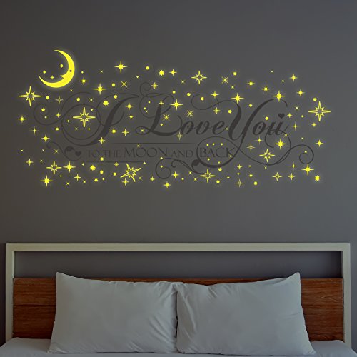 "Walplus ""I Love You Quote with Moon & Stars Glow in Dark"" Valentines Gifts Removable Self-Adhesive Wall Stickers Murals Nursery Office Home Decoration, 107 x 46 cm"