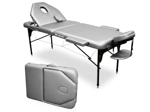 Quirumed WELLCORE Aluminium Folding Table with Folding Back, 185 x 65 cm, Leatherette, Adjustable Height, Articulated Head, Facial Hole, Silver, Carrying Backpack, Up to 225 kg
