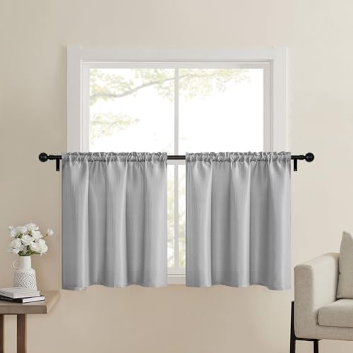 "Home Queen Water Repellent Waffle Bathroom Window Curtains, 36W x 24L Inch - 2"" Rod Pocket, Short for Small Kitchen Window, Light Filtering,2 Panels,Grey"