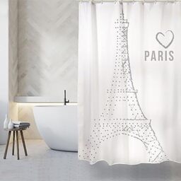 MSV Premium Mould Shower Curtain-Anti-Bacterial, Washable, Waterproof, Polyester, Paris White, 180 x 200 cm, Silver, 200x180 cm