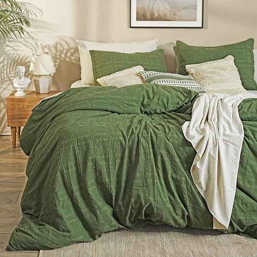 RUVANTI 100% Cotton Waffle Duvet Cover King Size Set, 3 Pieces, Olive Green, Ultra Soft Pre-Washed Bedding, Breathable Comforter Cover Set 8 Corner Ties, Button Closure