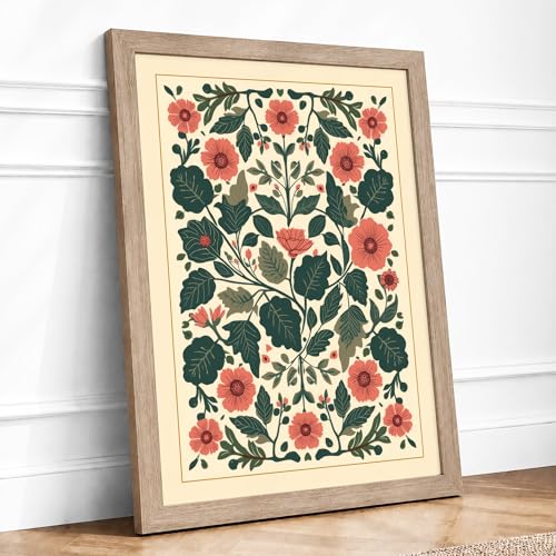 Symmetrical Floral Tapestry Botanical Framed Wall Art Print A2 Oak