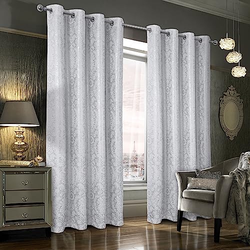 always4u 100% Blackout Foil Print Ridged Velvet Curtains Damask 108 Inches Long Drapes 2 Panels Shiny Metallic Window Treatment White 54 * 108 Inches