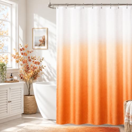 Mrs.Naturall Orange Fall Shower Curtain for Bathroom, Retro Ombre Waffle Fabric Shower Curtain for Bath Decor, Orange and White 70 x 72